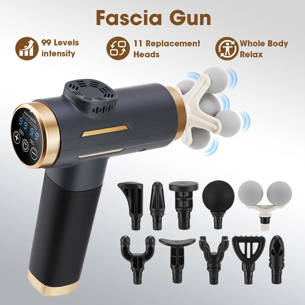 Massage Gun - 電動筋膜ガン 24W 99段階調整可能 11種類の交換ヘッド付き 深部組織8mm振動マッサージ器 充電式