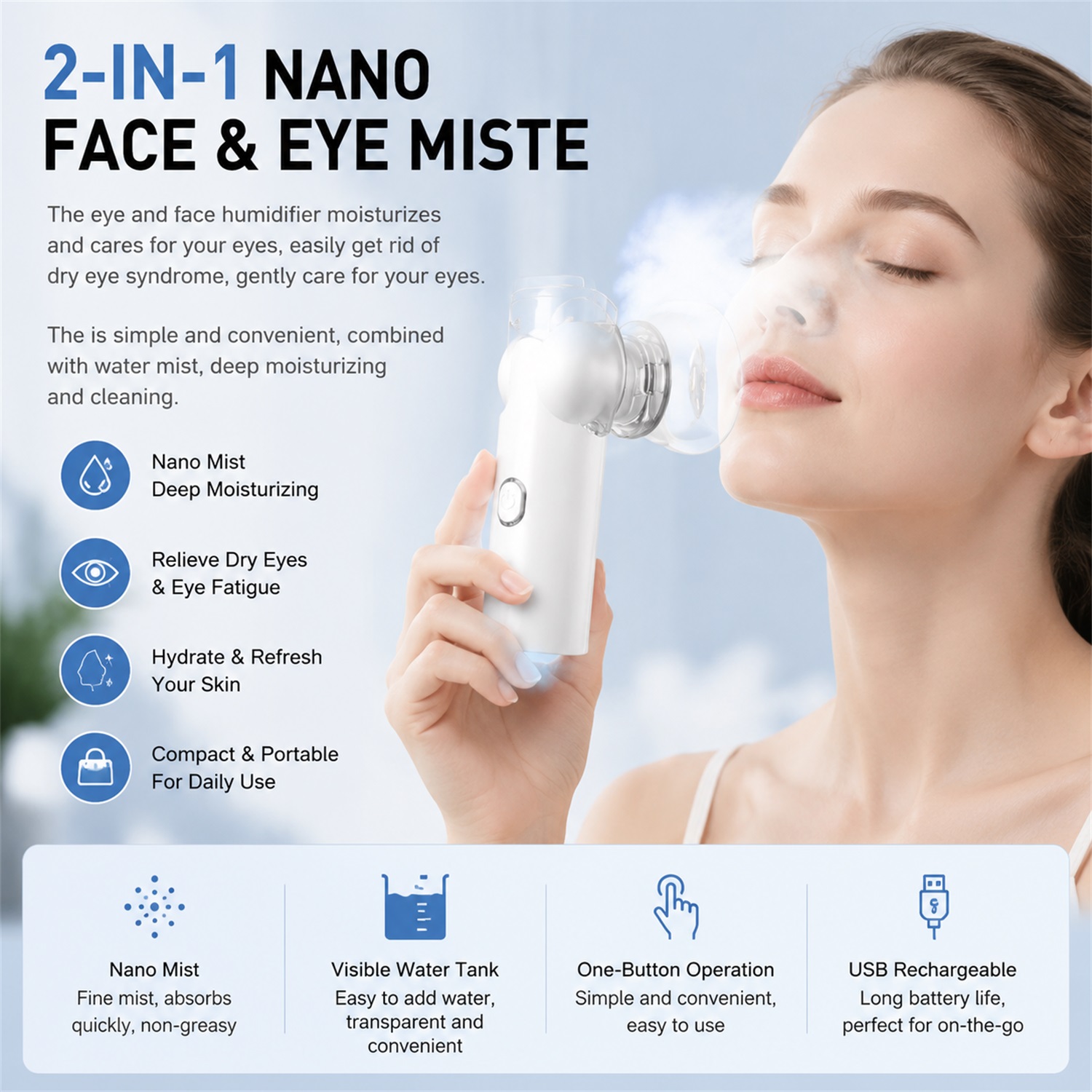 Face Steamer - 2-IN-1 メッシュ式フェイシャルスチーマー。乾燥肌や目元の保湿に。深層保湿効果のある、家庭用・旅行用のスプレー式加湿器。