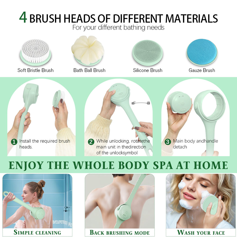 電動ボディブラシ、シャワー用背中洗いブラシ、交換可能なヘッド - Bath Salts のレビューと価格