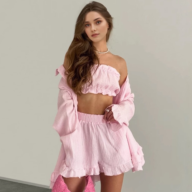ゆったりフィットの3点セット、長袖とショートパンツ、西洋風ア - Bathrobe のレビューと価格